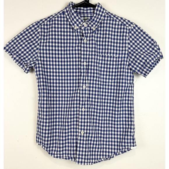 J Crew Crewcuts Boys Blue White Checkered Short Sleeve Button Down Shirt Size 10 - Picture 1 of 8